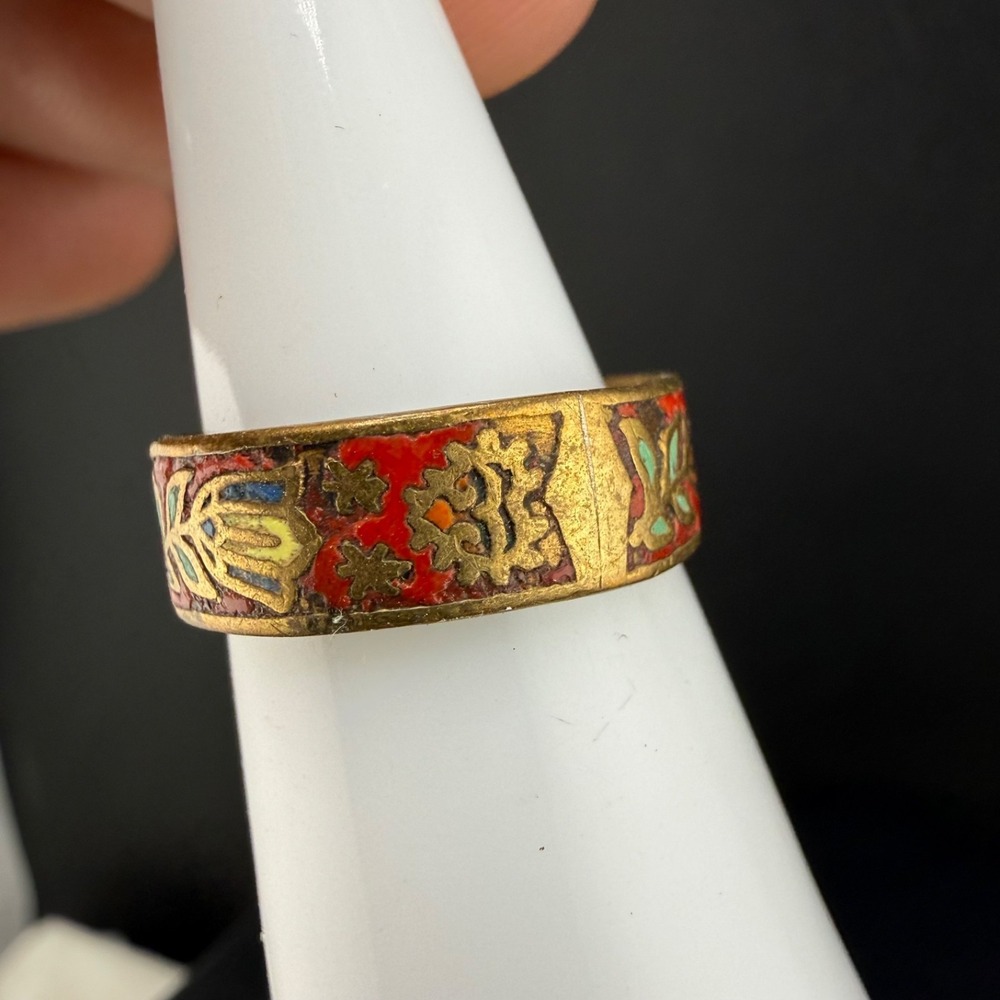 Vintage Cloisonne Enamel Flower Band Ring Red Gold Tone Size 4 - Picture 2 of 13